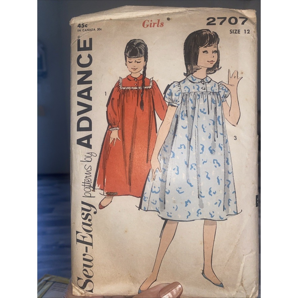 Vintage ADVANCE Sew Easy Pattern 2707 Girl's NIGHTGOWN 2 Lengths Size 12 Uncut